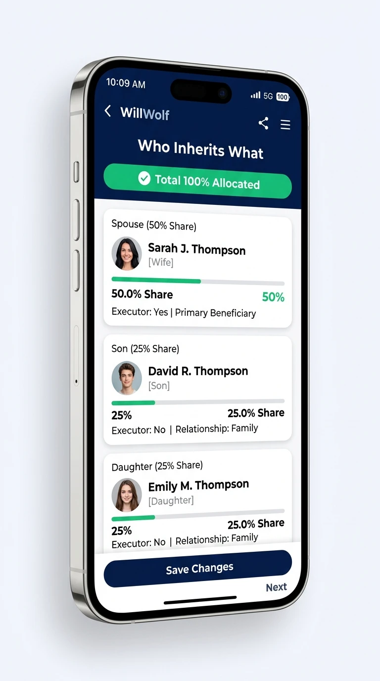 Beneficiary allocation screen showing shares