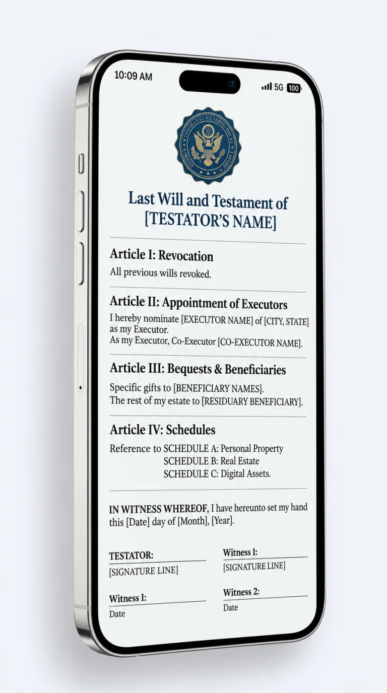 Generated Will document on phone mockup